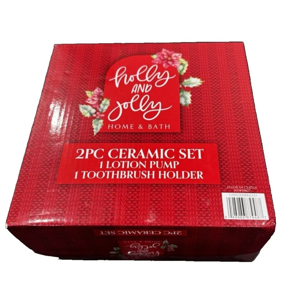 Holly & Jolly Christmas Bath Set 2pc Soap Dispenser & Tooth Brush Holder New